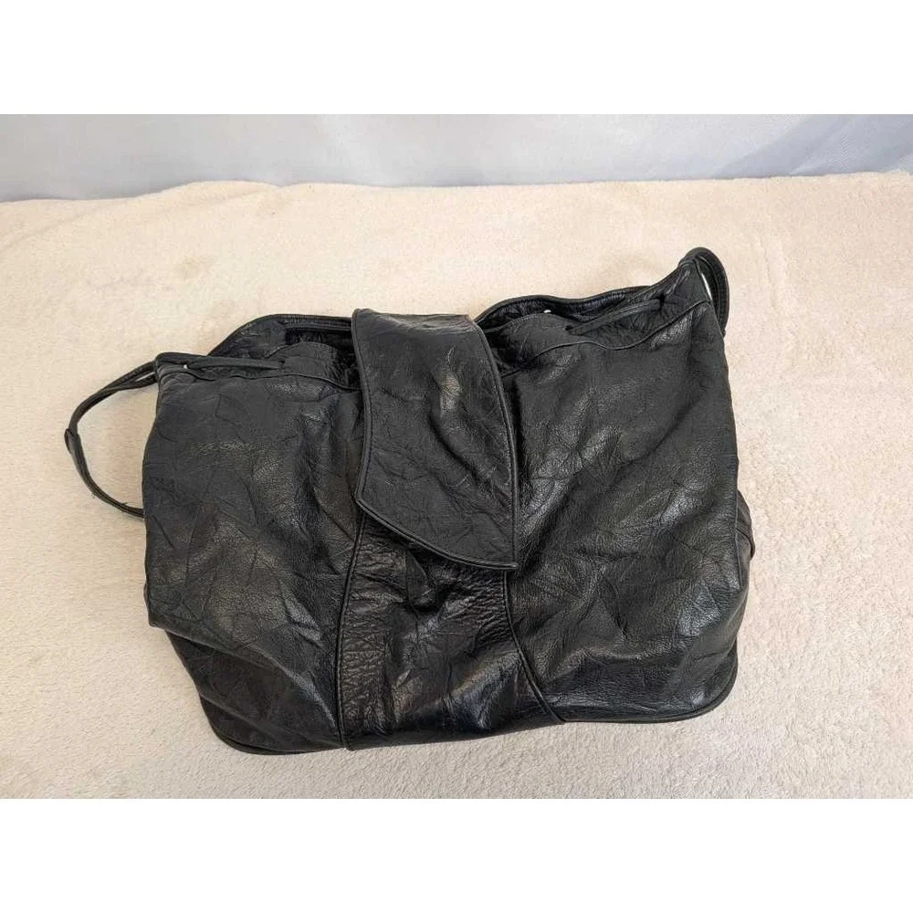 Brio Genuine Leather Drawstring Backpack‎ Shoulder Bag Black Textured Casual